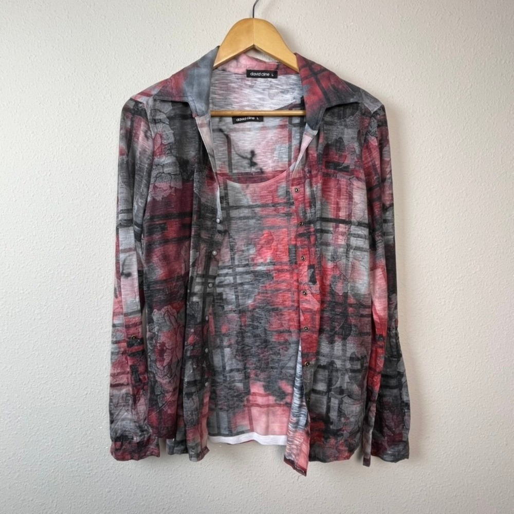 David Cline 2pc Tank & Button Down Shirt Set Womens L Red Grey Abstract Plaid‎